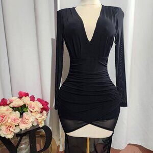 Black V-Neck Ruched Mesh Long Sleeve Dress | Party Dress